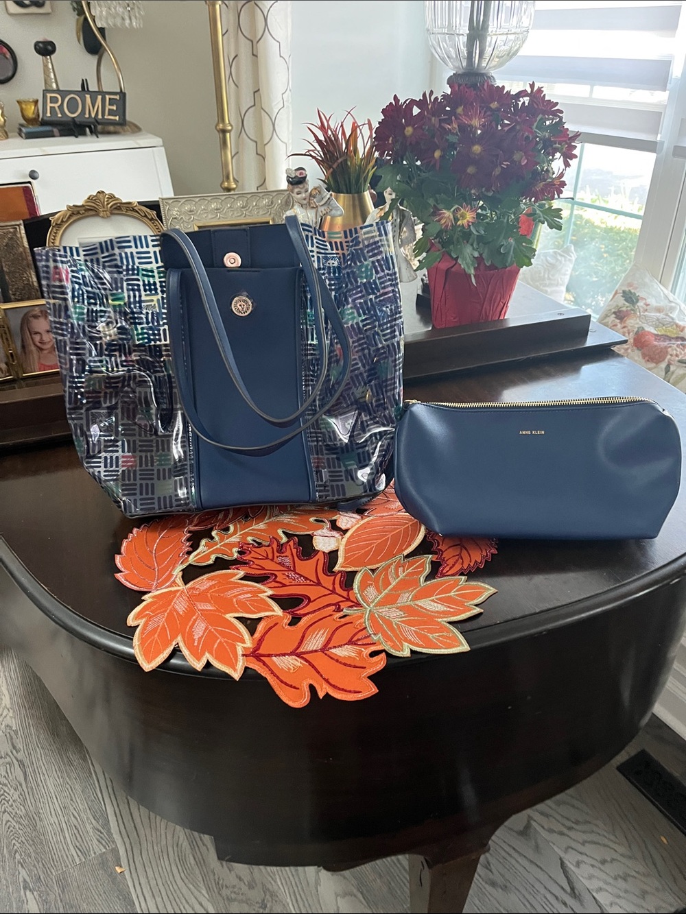 Anne Klein Navy Patterned Clear Tote with Matching Navy Cosmetic Pouch